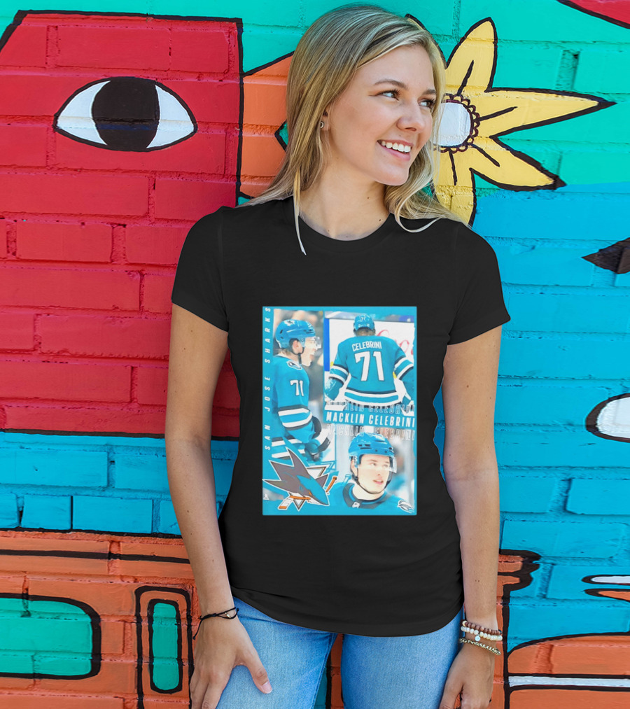 San Jose Sharks Macklin Celebrini 71 NHL 2026 All For One T-Shirt