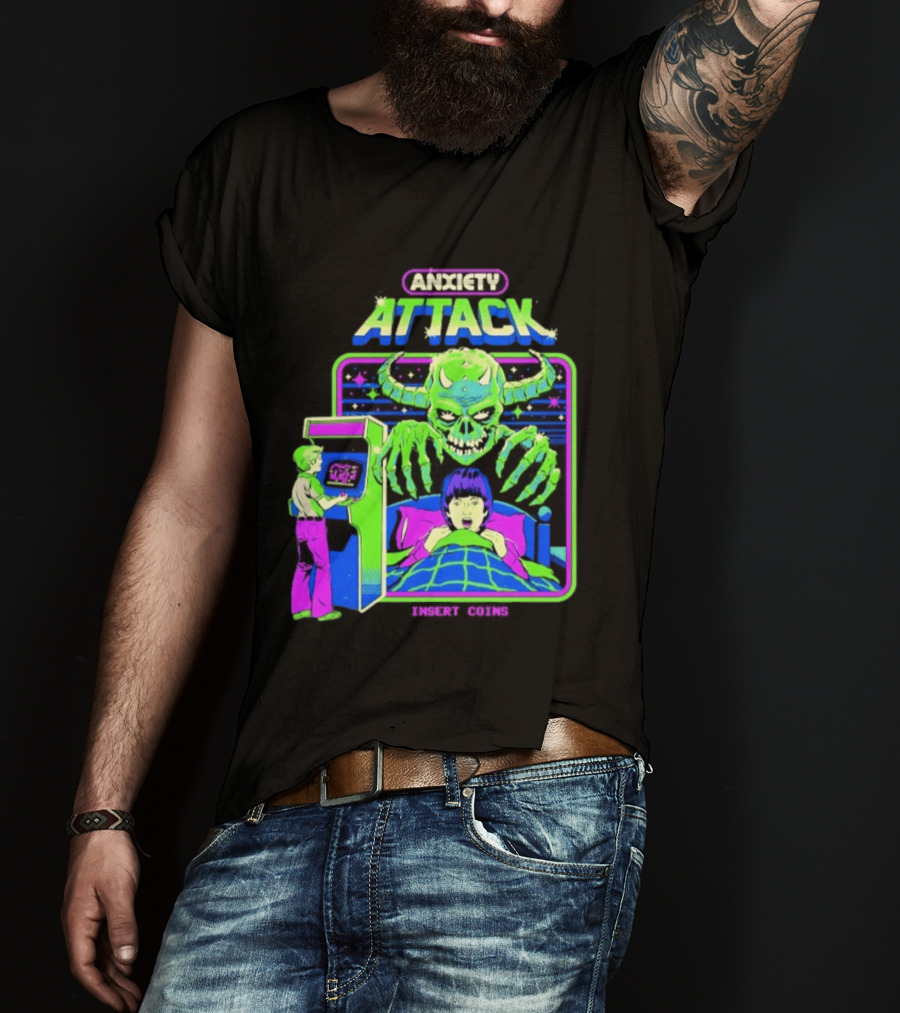 Retro Anxiety Attack Arcade Game Monster Steven Rhodes T-Shirt