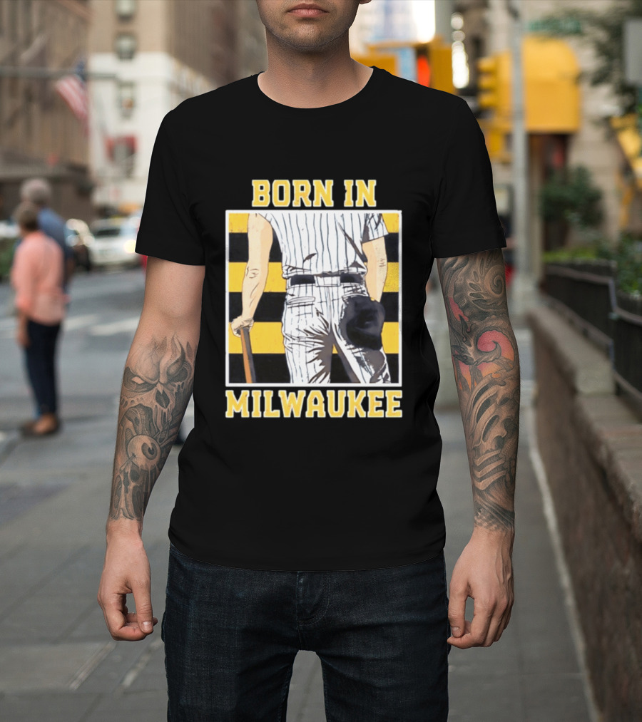 Born In Milwaukee Baseball Vintage Stripes Player Holding Cap T-Shirt