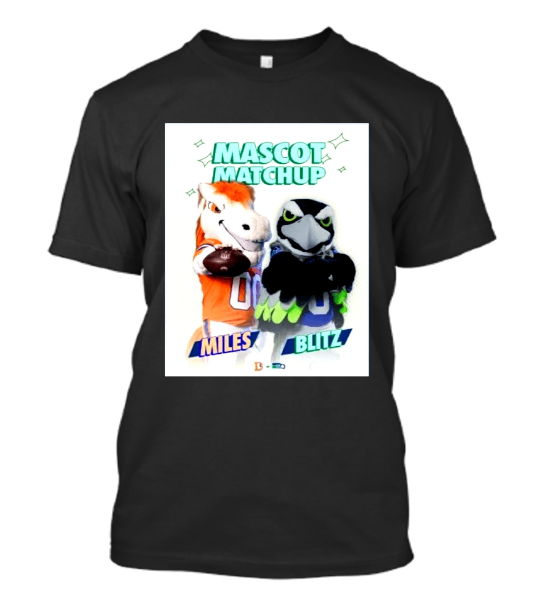 Mascot Matchup Miles Vs Blitz Denver Broncos Seattle Seahawks 2026 T-Shirt