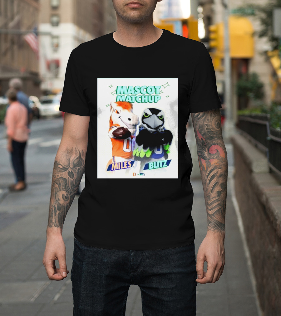 Mascot Matchup Miles Vs Blitz Denver Broncos Seattle Seahawks 2026 T-Shirt