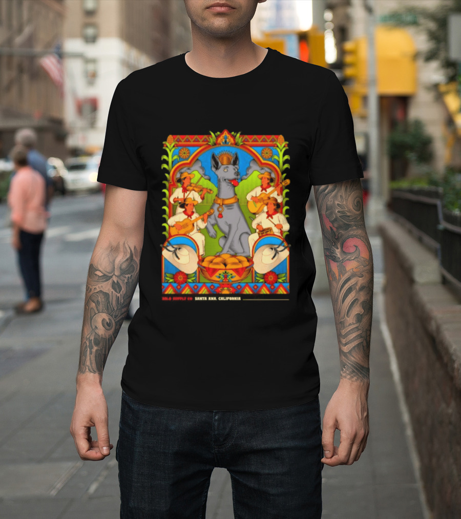 Xolo Supply Co Santa Ana California Xoloitzcuintli Vintage Mexican Art With Musicians And Dog T-Shirt