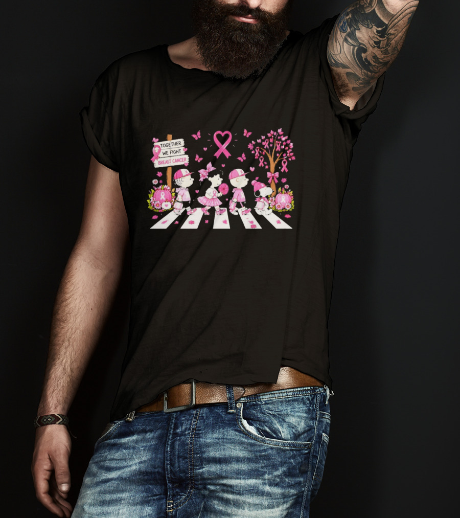 Together We Fight Breast Cancer Peanuts Characters Abbey Road Pink Ribbon Butterflies T-Shirt