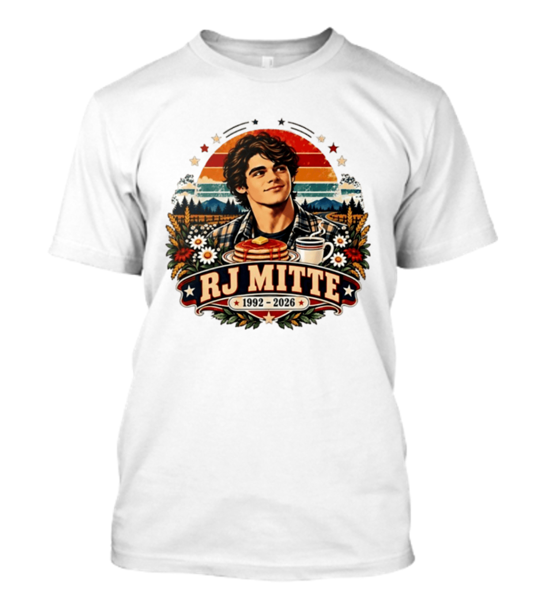 RJ Mitte 1992 2026 Pancakes And Coffee Retro Nature Scene T-Shirt