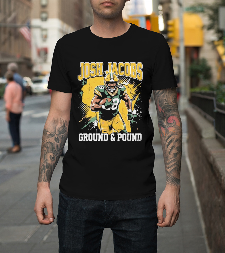 Josh Jacobs Ground & Pound Running Back Art Green And Gold Player T-Shirt