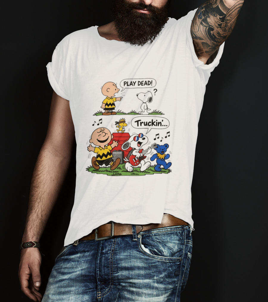 Peanuts Characters Play Dead And Truckin' With Grateful Dead Dancing Bear T-Shirt