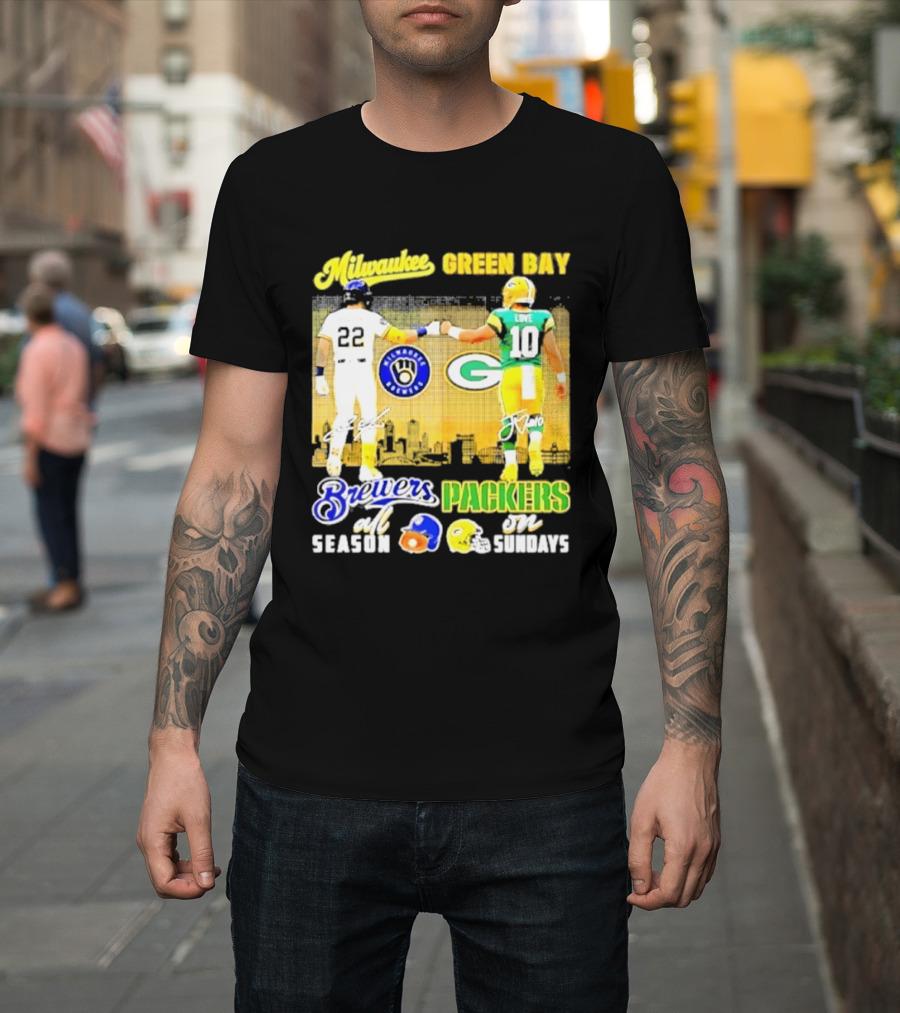 Milwaukee Brewers Green Bay Packers All Season Sundays Players Signatures T-Shirt