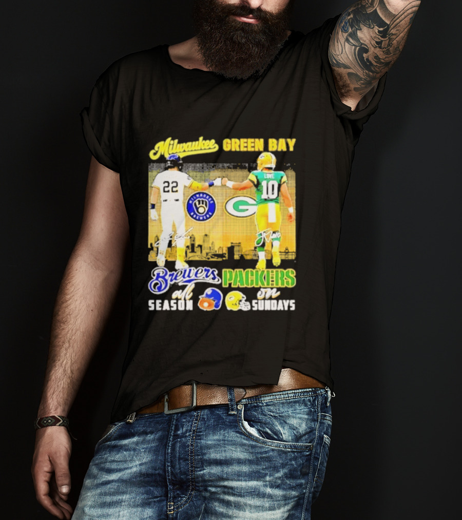 Milwaukee Brewers Green Bay Packers All Season Sundays Players Signatures T-Shirt
