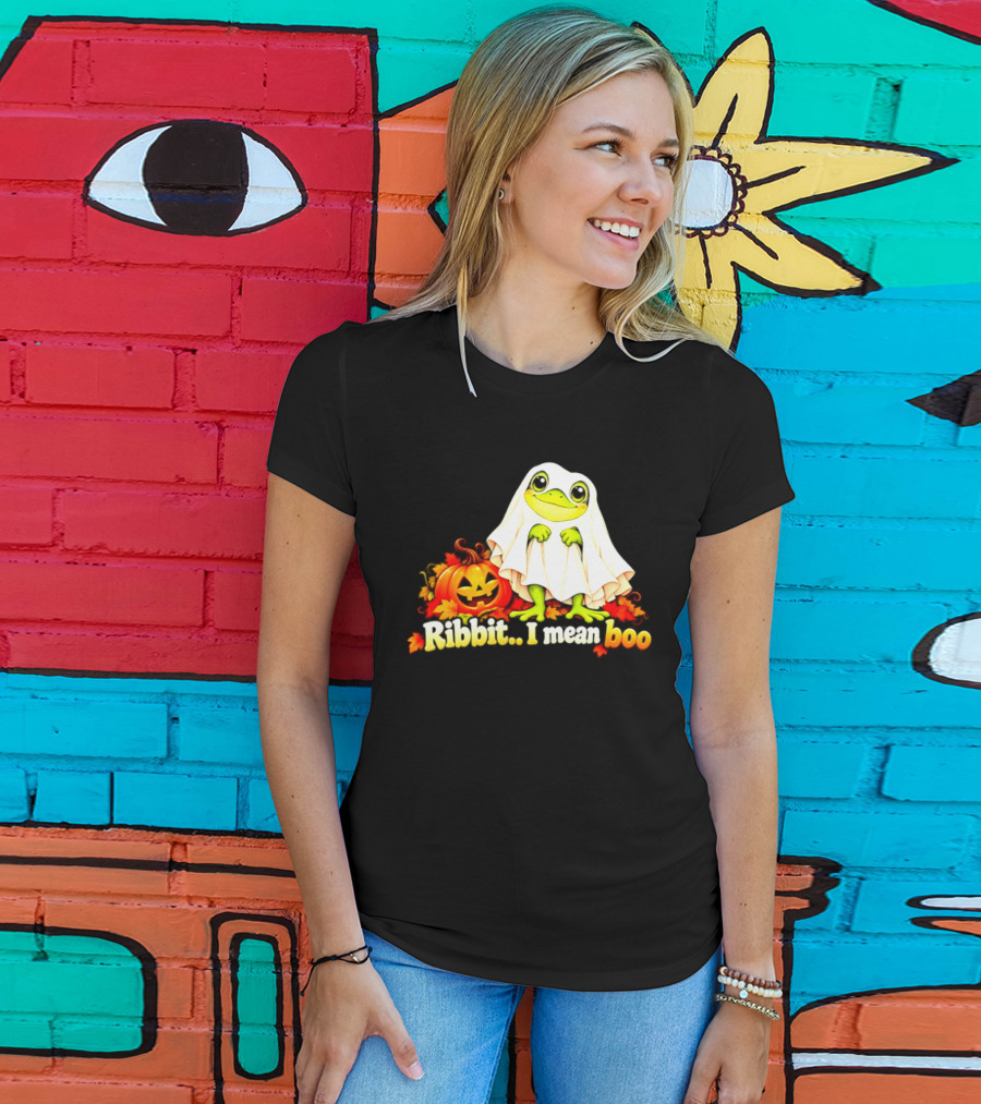 Ribbit I Mean Boo Halloween Frog In Ghost Costume With Pumpkin T-Shirt