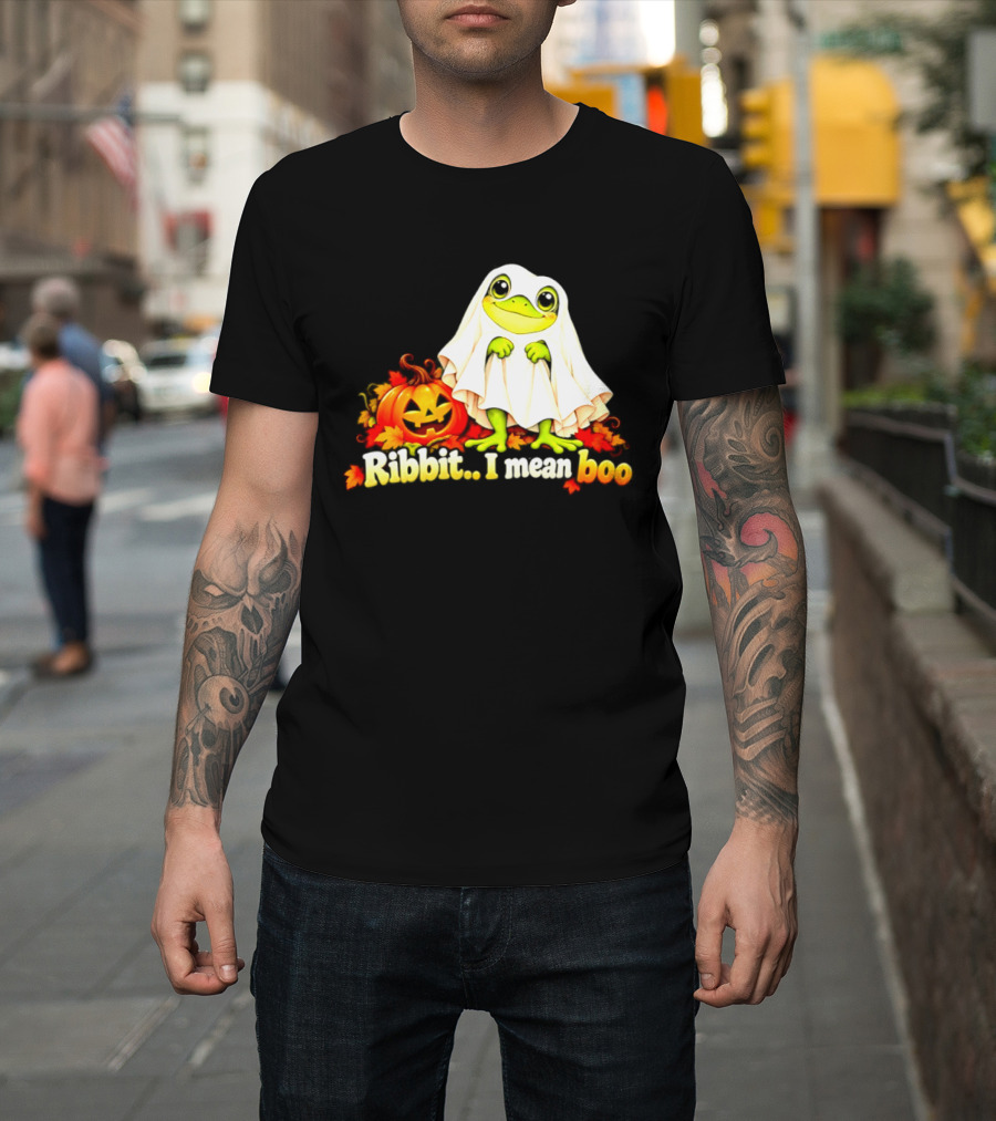 Ribbit I Mean Boo Halloween Frog In Ghost Costume With Pumpkin T-Shirt