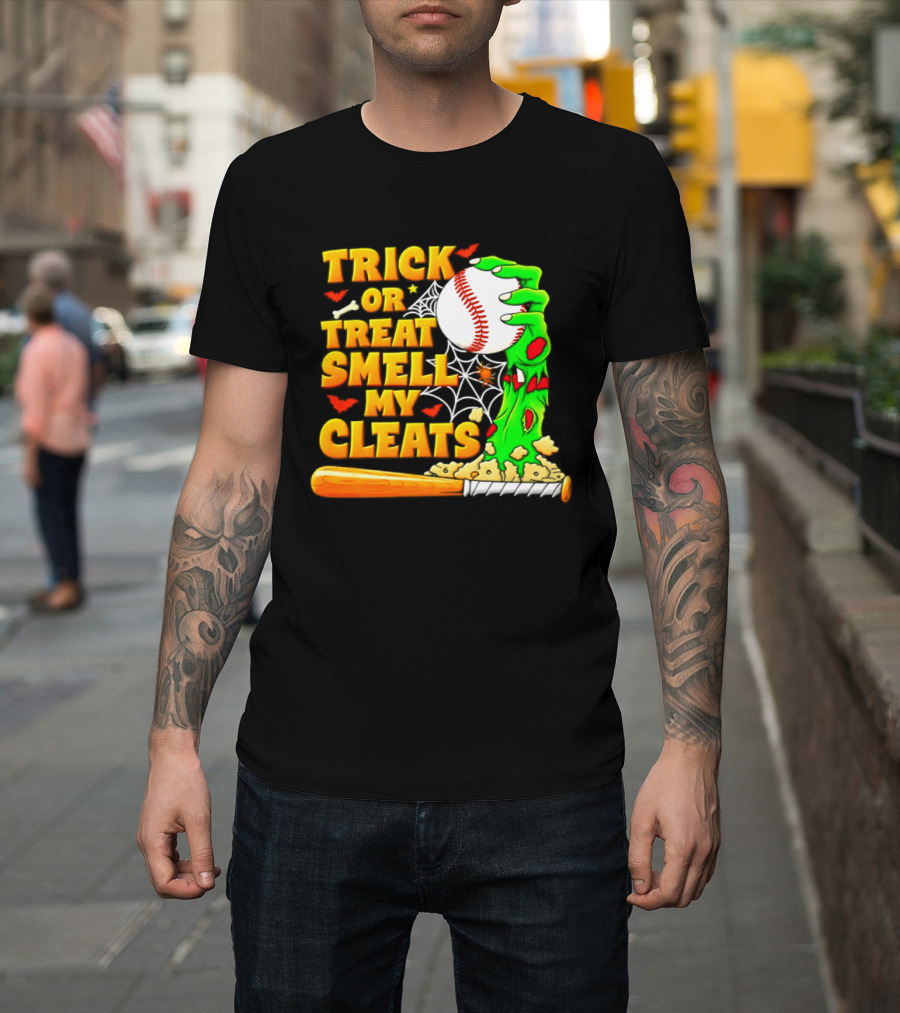 Trick Or Treat Smell My Cleats Zombie Hand Baseball Bat Halloween T-Shirt