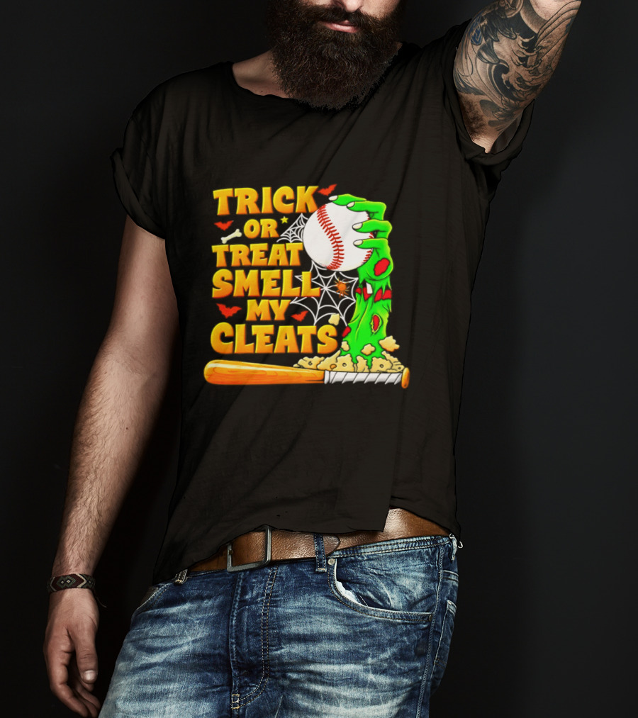 Trick Or Treat Smell My Cleats Zombie Hand Baseball Bat Halloween T-Shirt