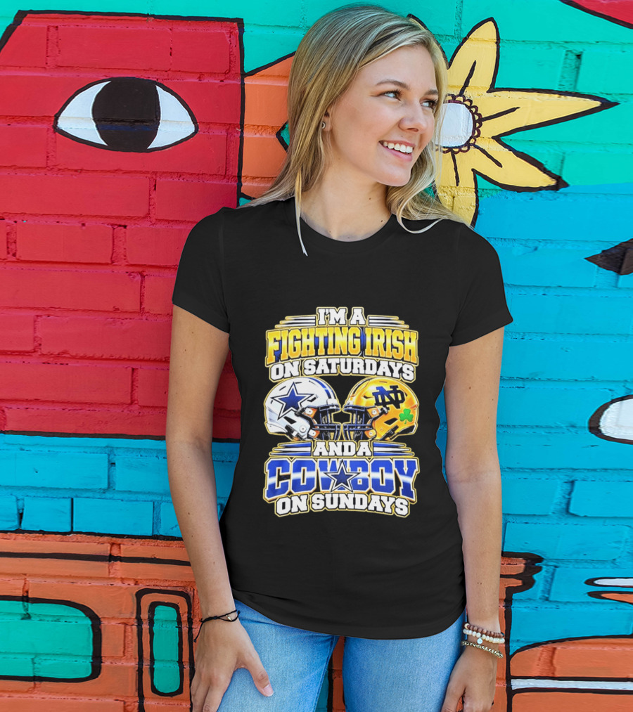 I'm A Fighting Irish On Saturdays And A Cowboy On Sundays Football Helmet Star Clover T-Shirt