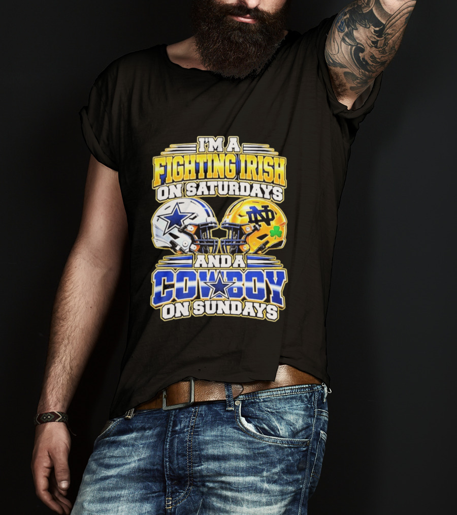 I'm A Fighting Irish On Saturdays And A Cowboy On Sundays Football Helmet Star Clover T-Shirt