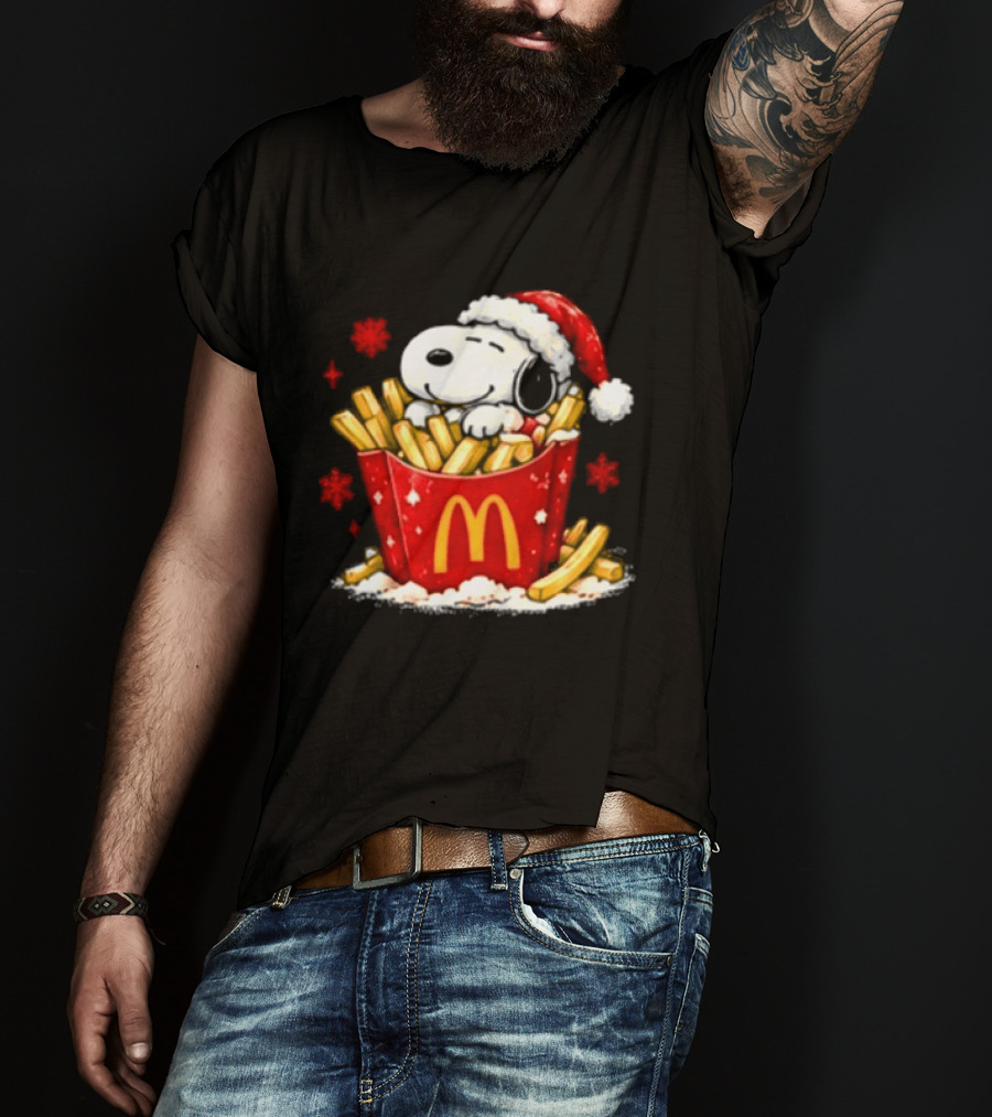 McDonalds Holiday Snoopy Christmas Fries Santa Hat Festive Fast Food Wishes T-Shirt