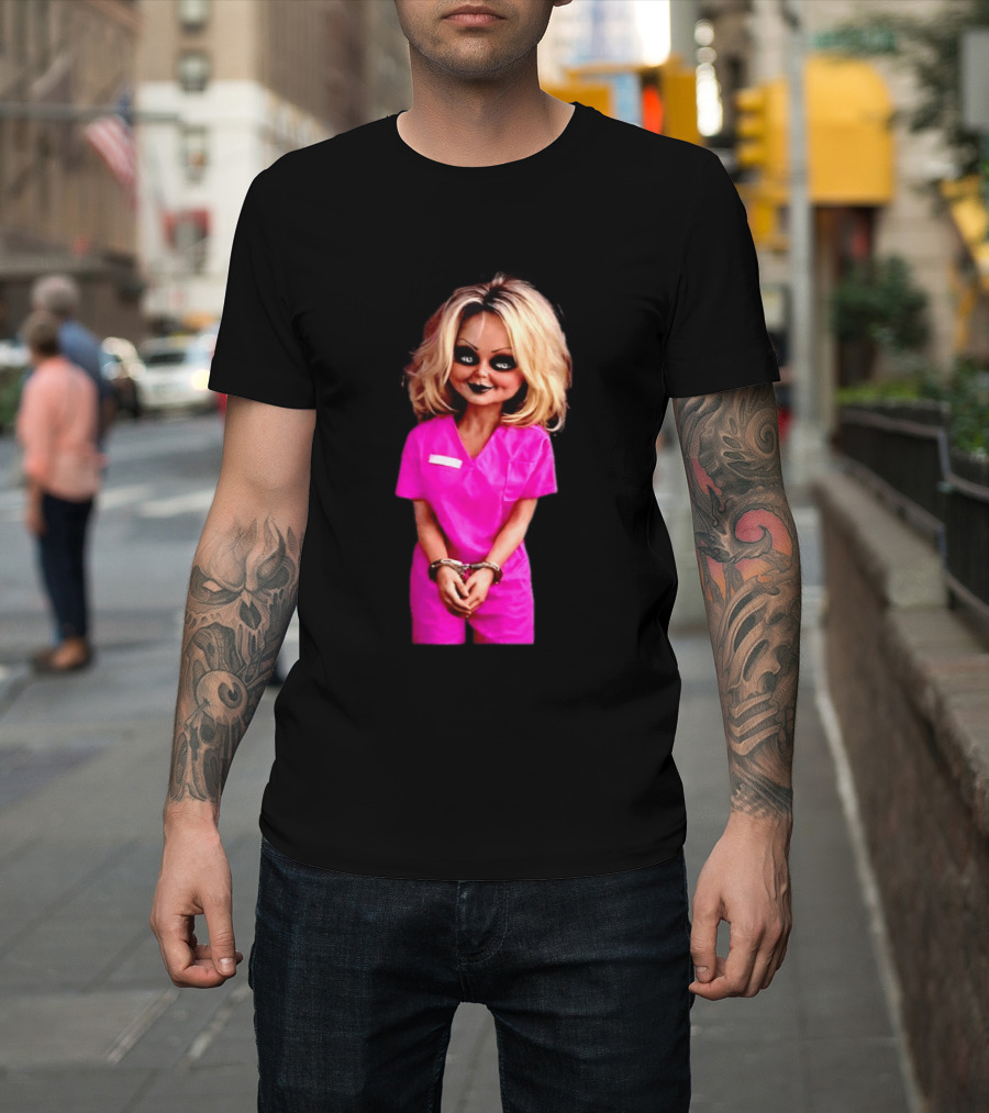 Tiffany Valentine Chucky Doll Pink Prison Uniform Halloween Costume T-Shirt
