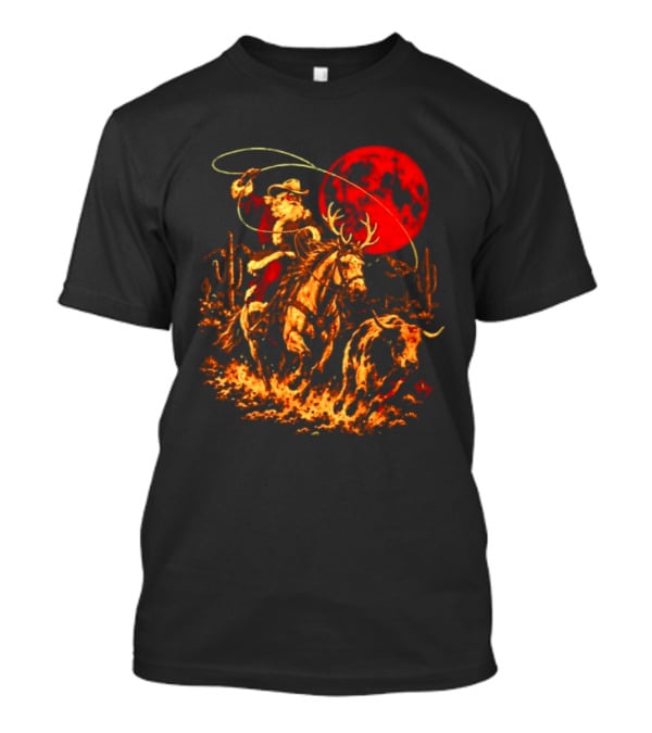 Cowboy Santa Christmas 2026 Holiday Western Rodeo Reindeer Cactus Desert Scene T-Shirt
