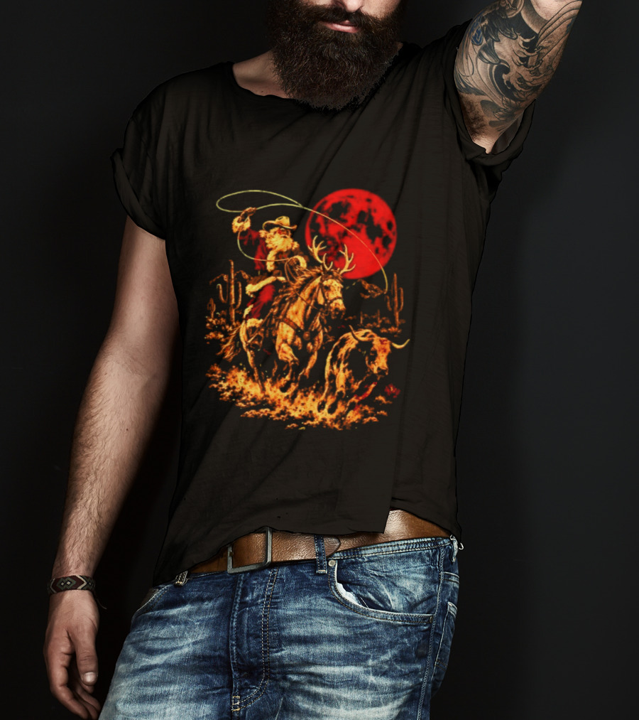 Cowboy Santa Christmas 2026 Holiday Western Rodeo Reindeer Cactus Desert Scene T-Shirt