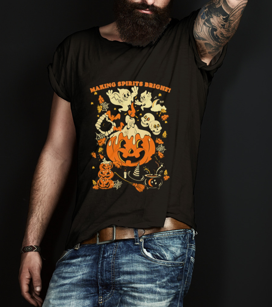 Making Spirits Bright Halloween Pumpkin Ghost Skull T-Shirt
