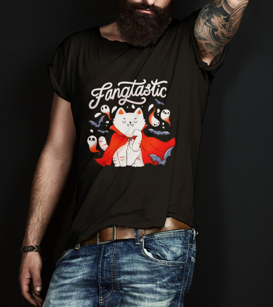 Fangtastic Vampire Cat With Ghosts And Bats Halloween 2026 T-Shirt