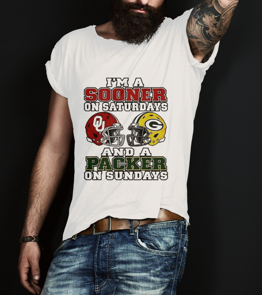 I'm A Sooner On Saturdays And A Packer On Sundays OU Green Bay Helmets 2026 T-Shirt
