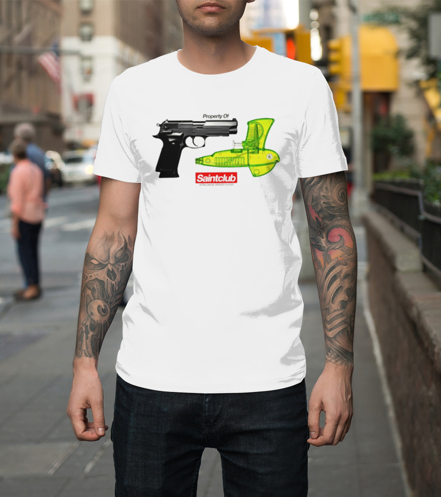 Pistol Property Saintclub Worldwide Service 2026 Black And Green Water Guns T-Shirt
