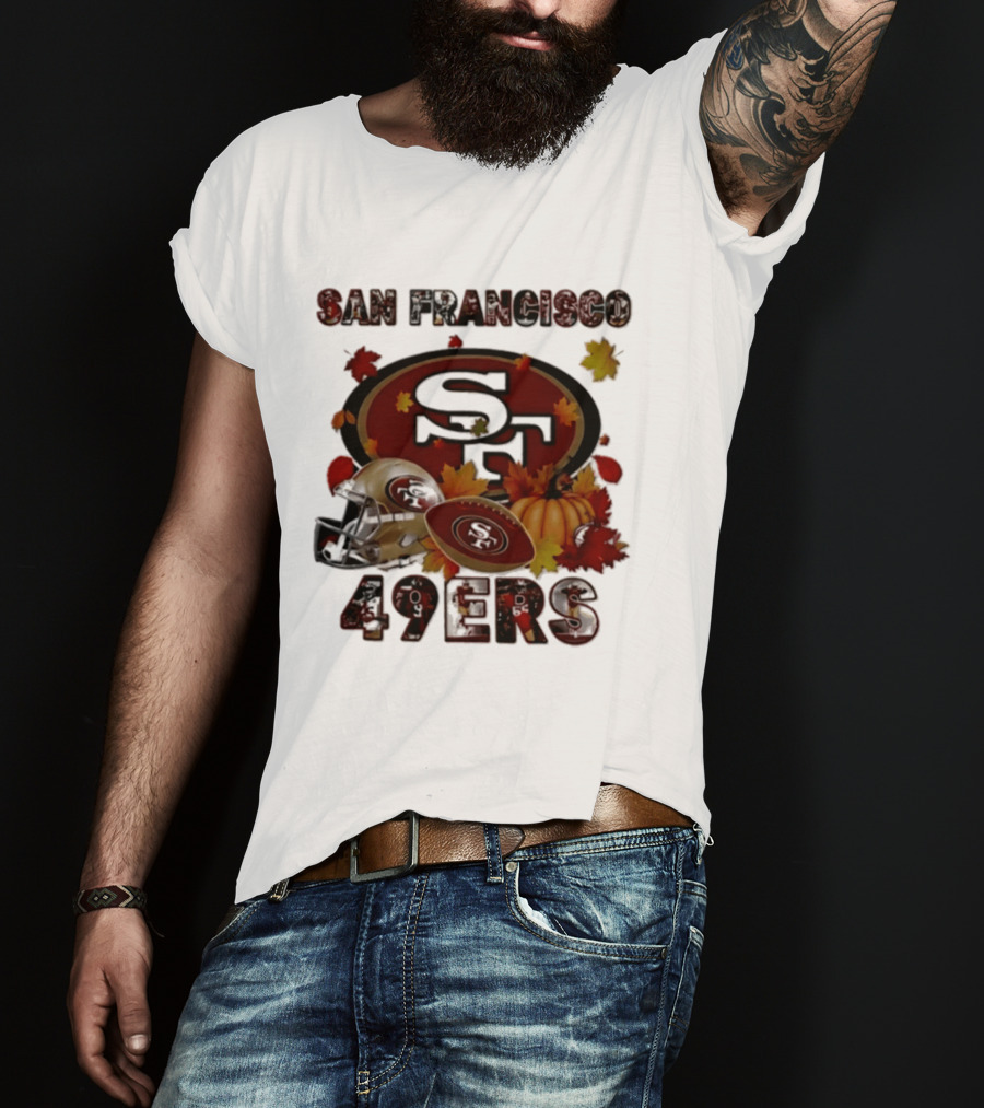 San Francisco 49ers Autumn 2026 Football Helmet And Pumpkin Leaves T-Shirt