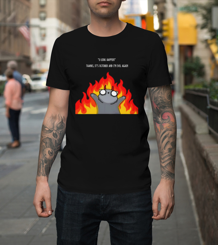 U Look Happier Thanks It Is October And I Am Evil Again Cat In Flames T-Shirt