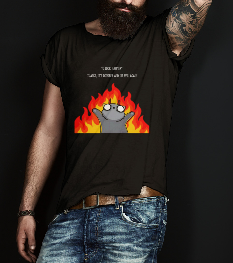 U Look Happier Thanks It Is October And I Am Evil Again Cat In Flames T-Shirt