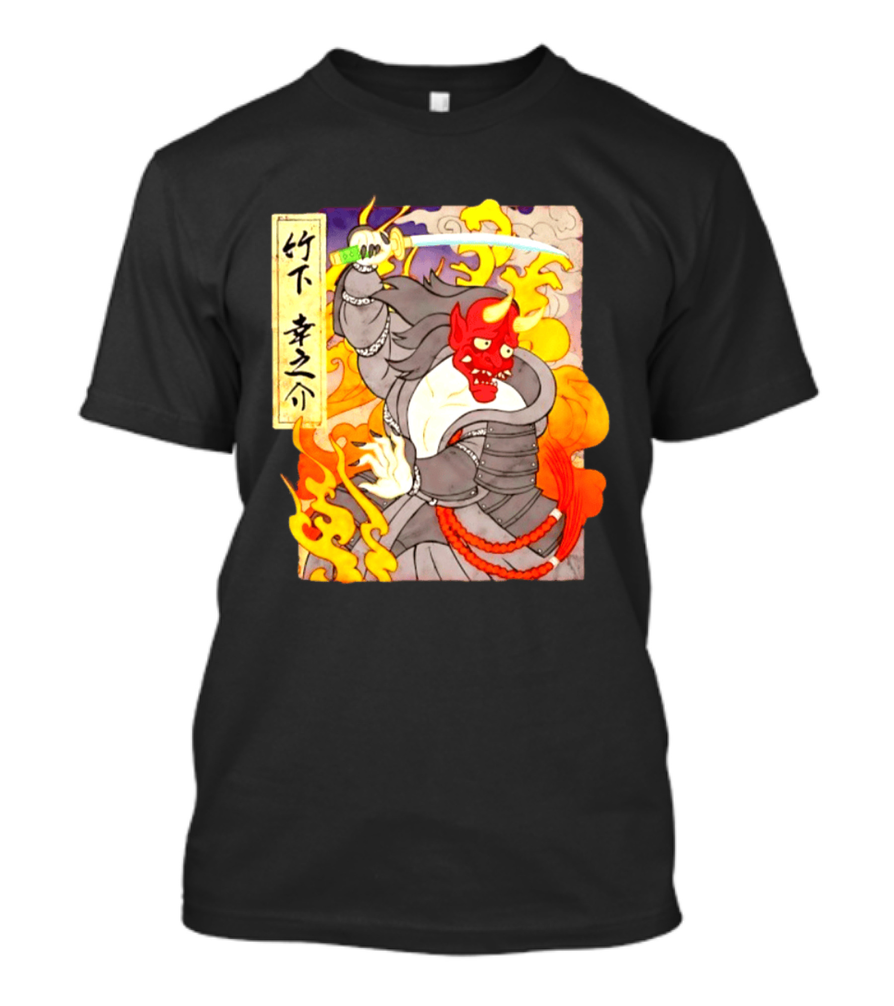 Konosuke Takeshita Demon Samurai AEW Collaboration With Japanese Inspired Flames And Sword T-Shirt