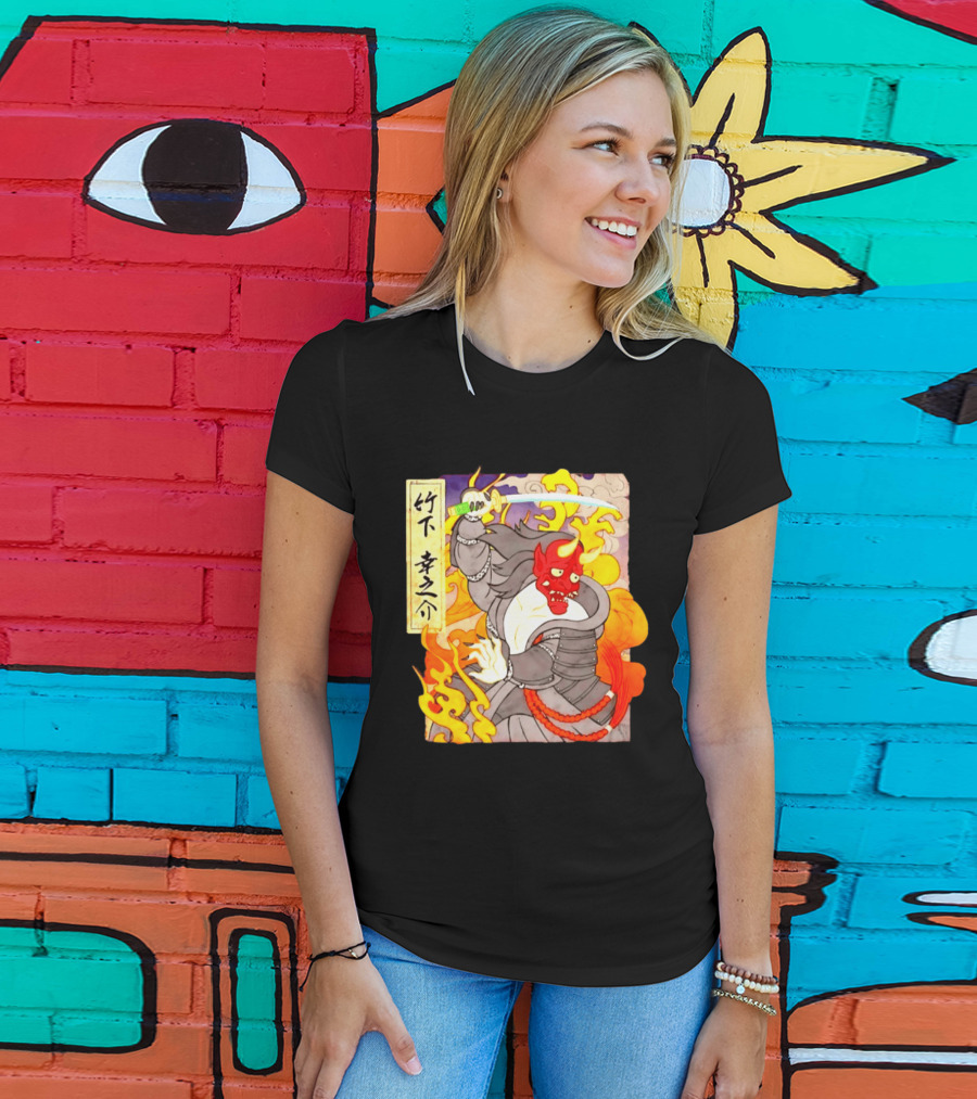 Konosuke Takeshita Demon Samurai AEW Collaboration With Japanese Inspired Flames And Sword T-Shirt