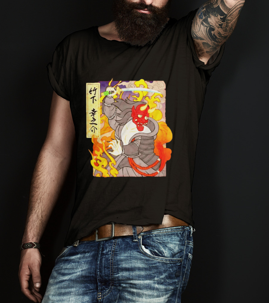 Konosuke Takeshita Demon Samurai AEW Collaboration With Japanese Inspired Flames And Sword T-Shirt