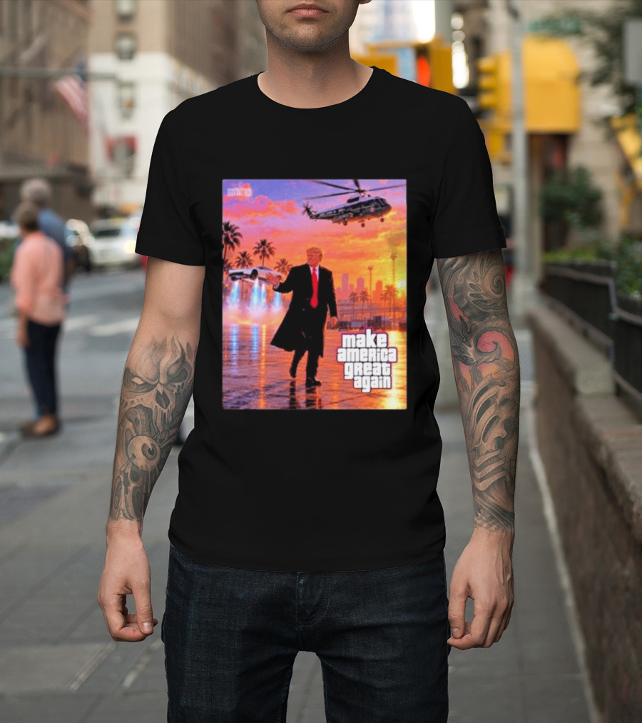 Make America Great Again Flying Cars Helicopter Sunset T-Shirt