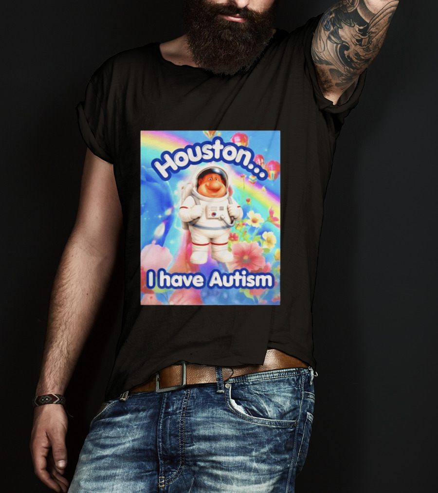 Houston I Have Autism Rainbow Astronaut Balloons And Flowers T-Shirt