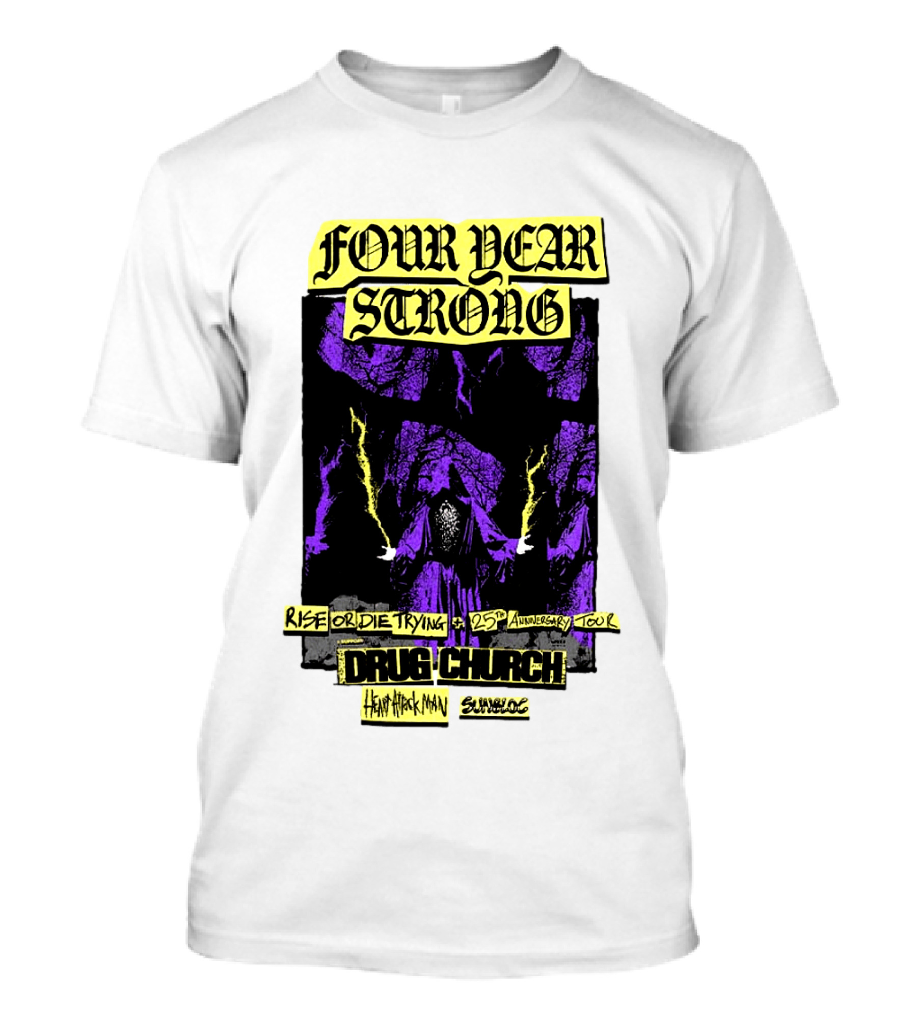 Four Year Strong Rise Or Die Trying 25th Anniversary Tour Drug Church Heart Attack Man Save Face Purple Cloaked Figure T-Shirt