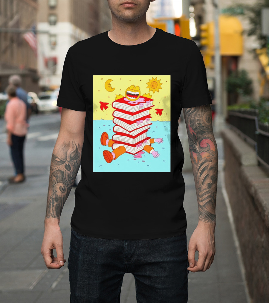 Smiling Face Moon Sun Birds Stack Of Books Reading T-Shirt