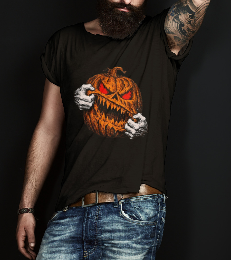 Halloween 2026 Evil Pumpkin Glowing Eyes Sharp Teeth Grinning Horror T-Shirt