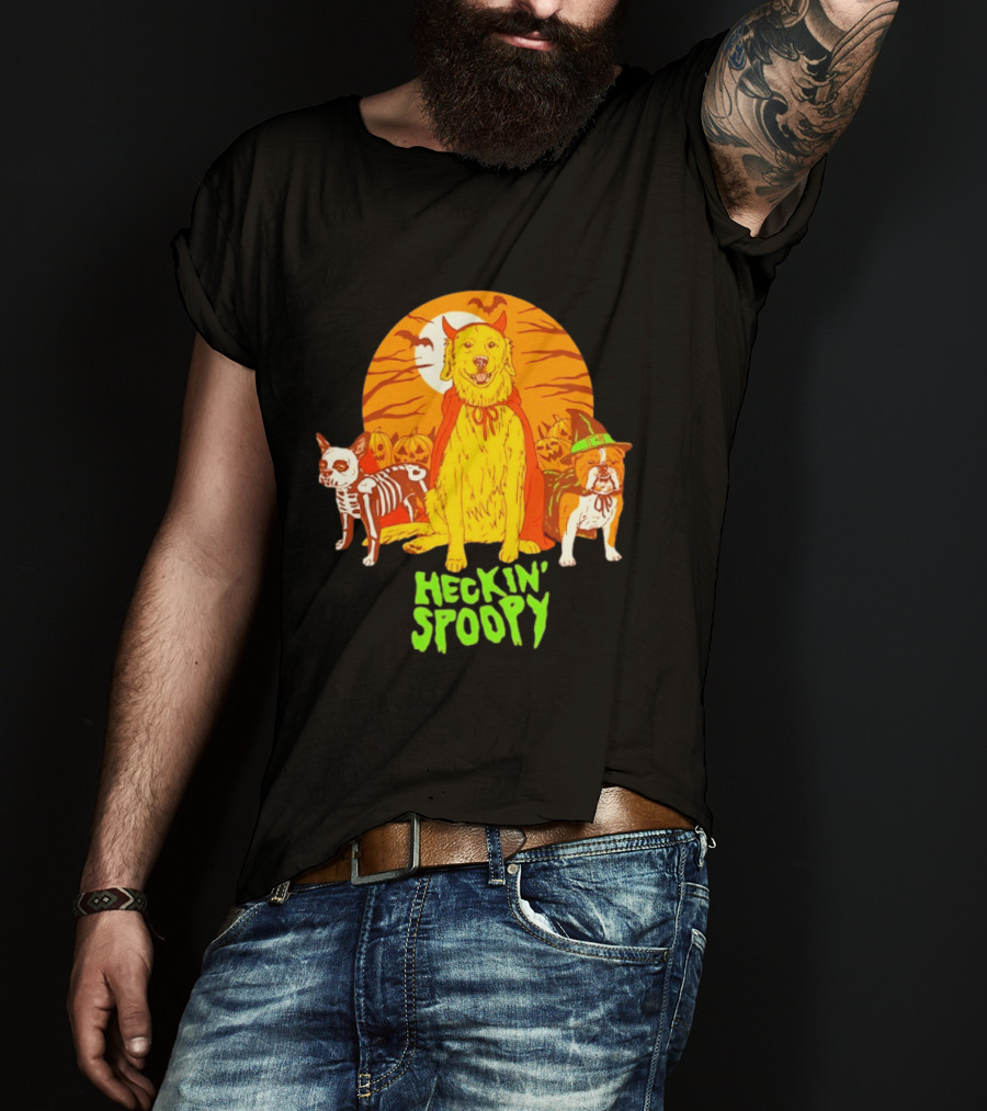Heckin' Spoopy Dogs Halloween Golden Retriever Skeleton Costume Pumpkin Moon T-Shirt