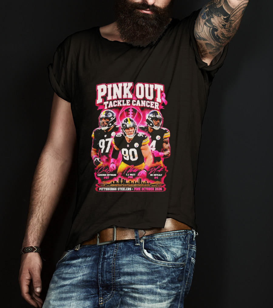 Pittsburgh Steelers Pink Out Tackle Cancer October 2026 Player Signatures Heyward Watt Fitzpatrick T-Shirt