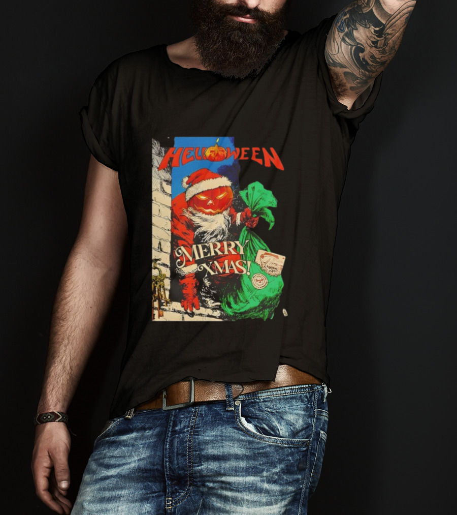 Helloween Merry Xmas Pumpkin Santa Halloween Christmas Fusion T-Shirt
