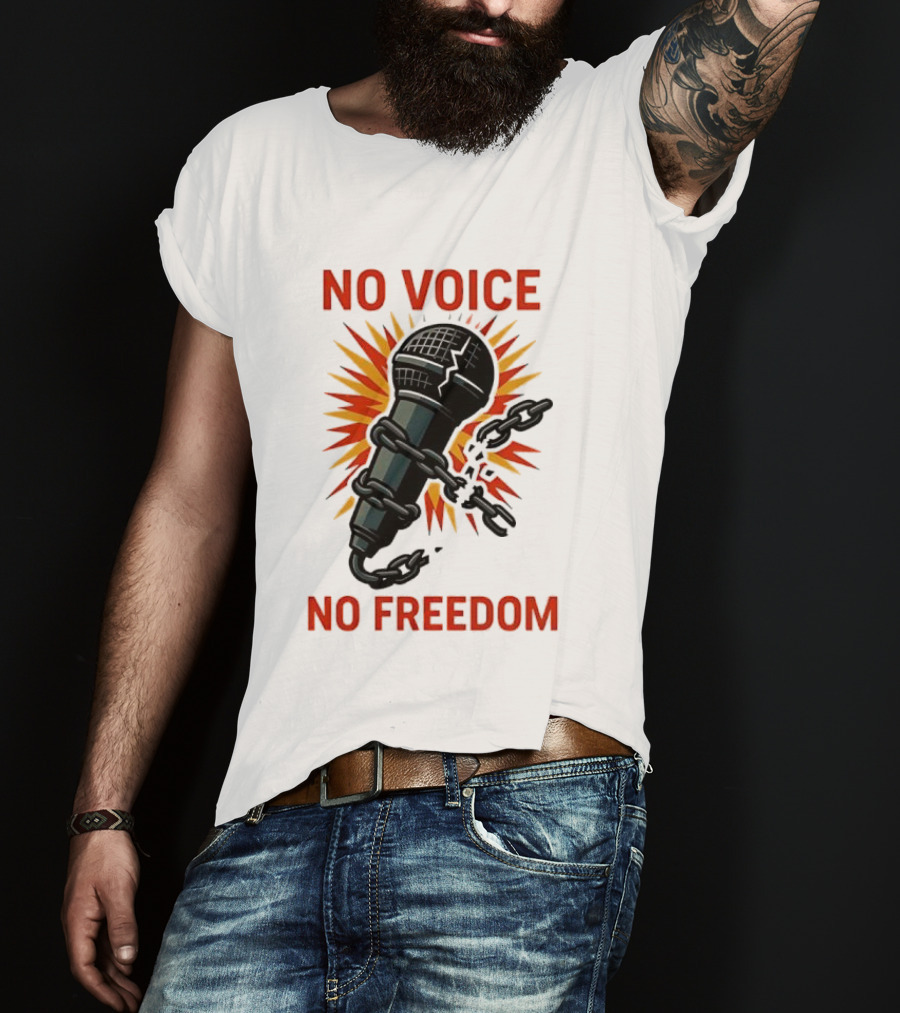 No Voice No Freedom Microphone And Chain Graphic T-Shirt