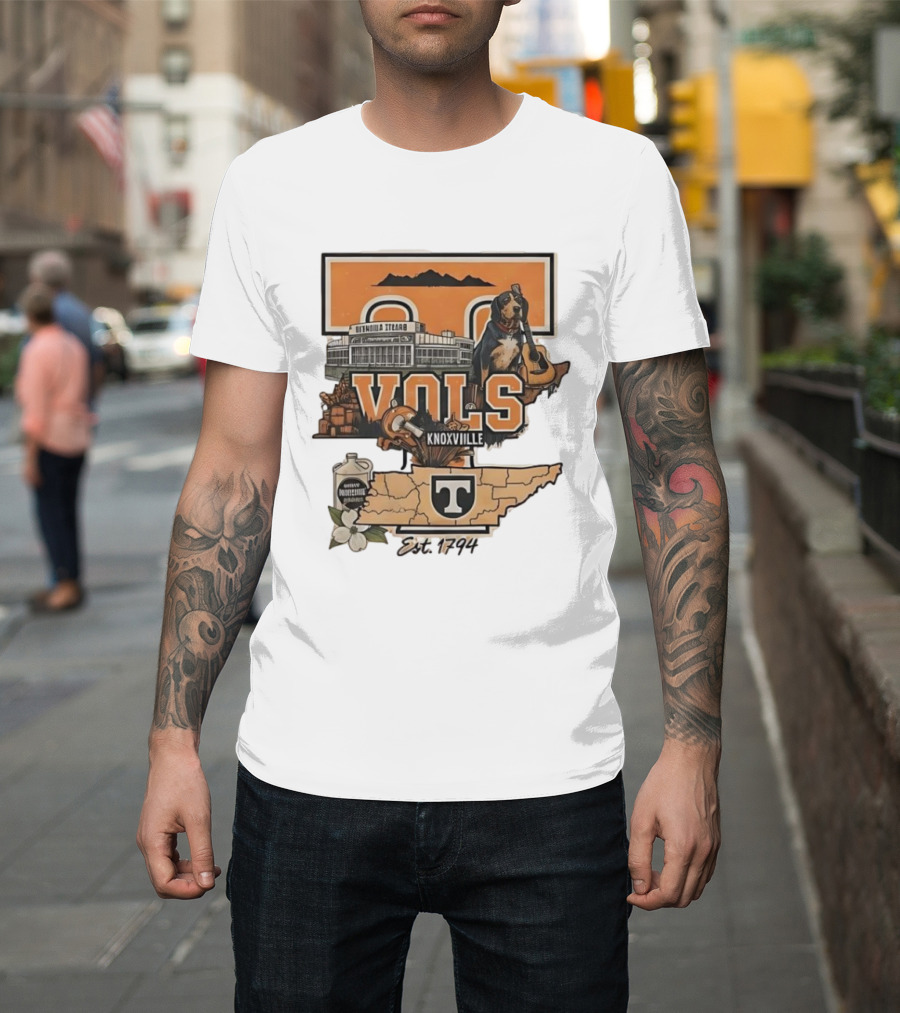 University Of Tennessee Volunteers Knoxville Vols Neyland Stadium Smokey Mascot Est 1794 Map Outline T-Shirt