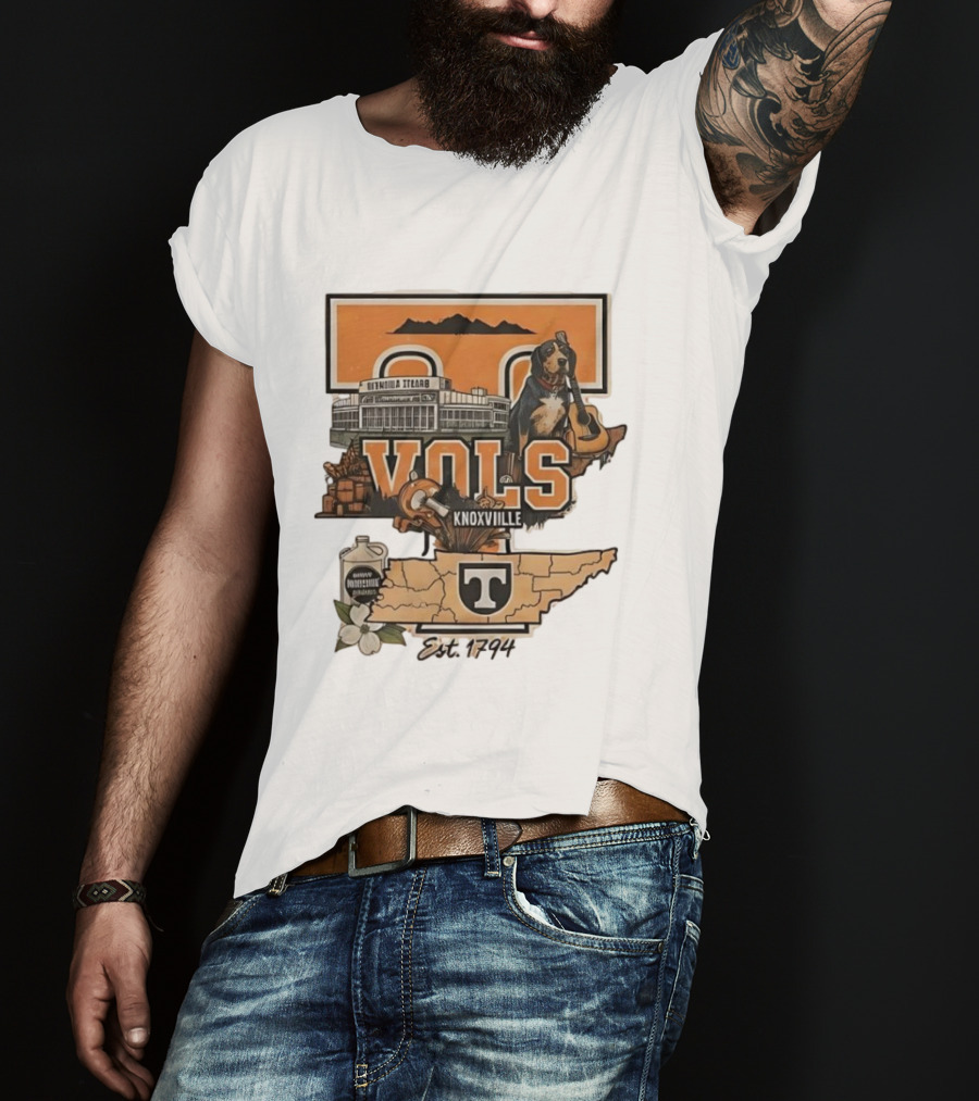 University Of Tennessee Volunteers Knoxville Vols Neyland Stadium Smokey Mascot Est 1794 Map Outline T-Shirt