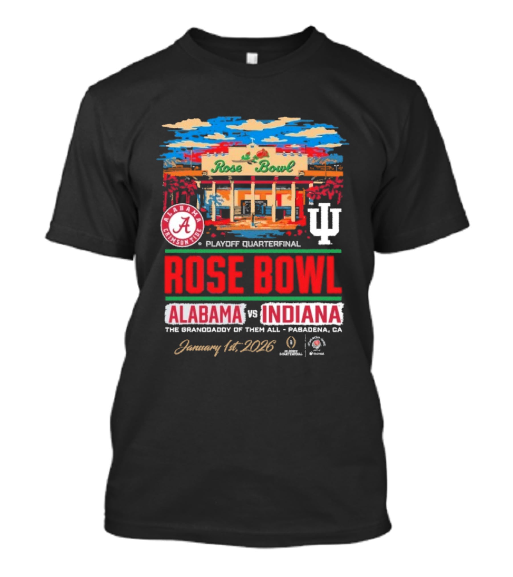 Alabama Crimson Tide Vs Indiana Hoosiers 2026 Rose Bowl Playoff Quarterfinal Pasadena CA T-Shirt