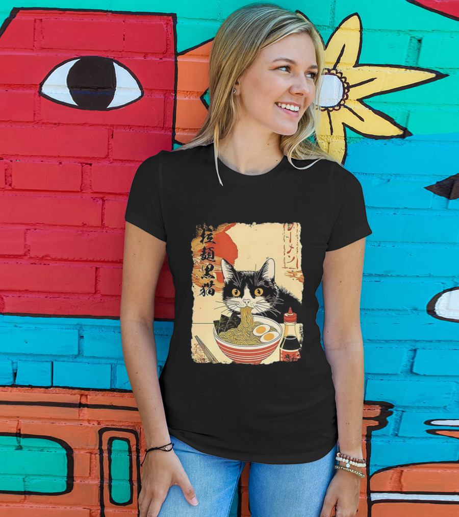 Japanese Black Cat Ramen Ukiyo E Retro Style With Kanji T-Shirt