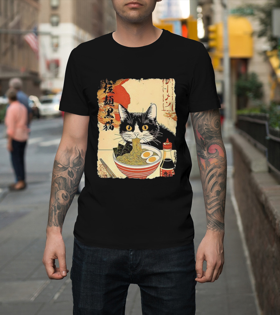 Japanese Black Cat Ramen Ukiyo E Retro Style With Kanji T-Shirt