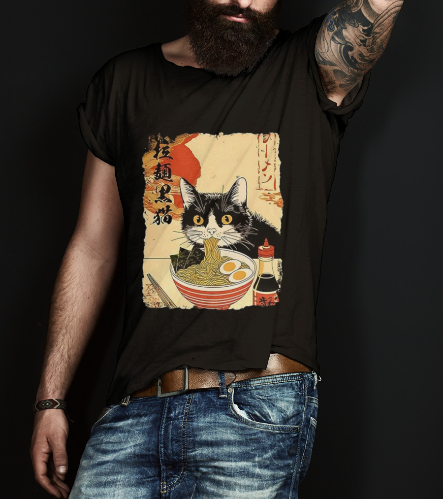 Japanese Black Cat Ramen Ukiyo E Retro Style With Kanji T-Shirt