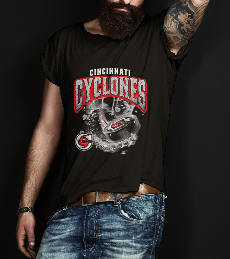 Cincinnati Cyclones Ice Hockey Storm Warning Puck Shattering Ice T-Shirt
