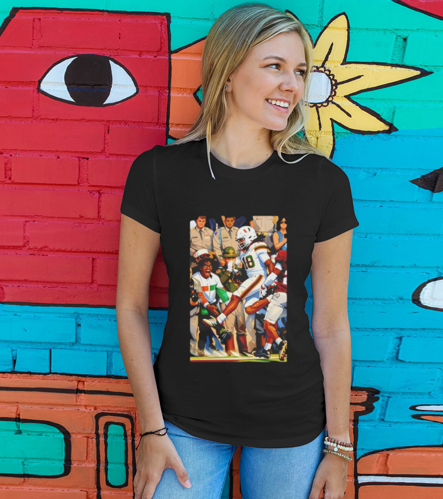 Miami Hurricanes Football Touchdown Celebration Game Day Action Scene T-Shirt