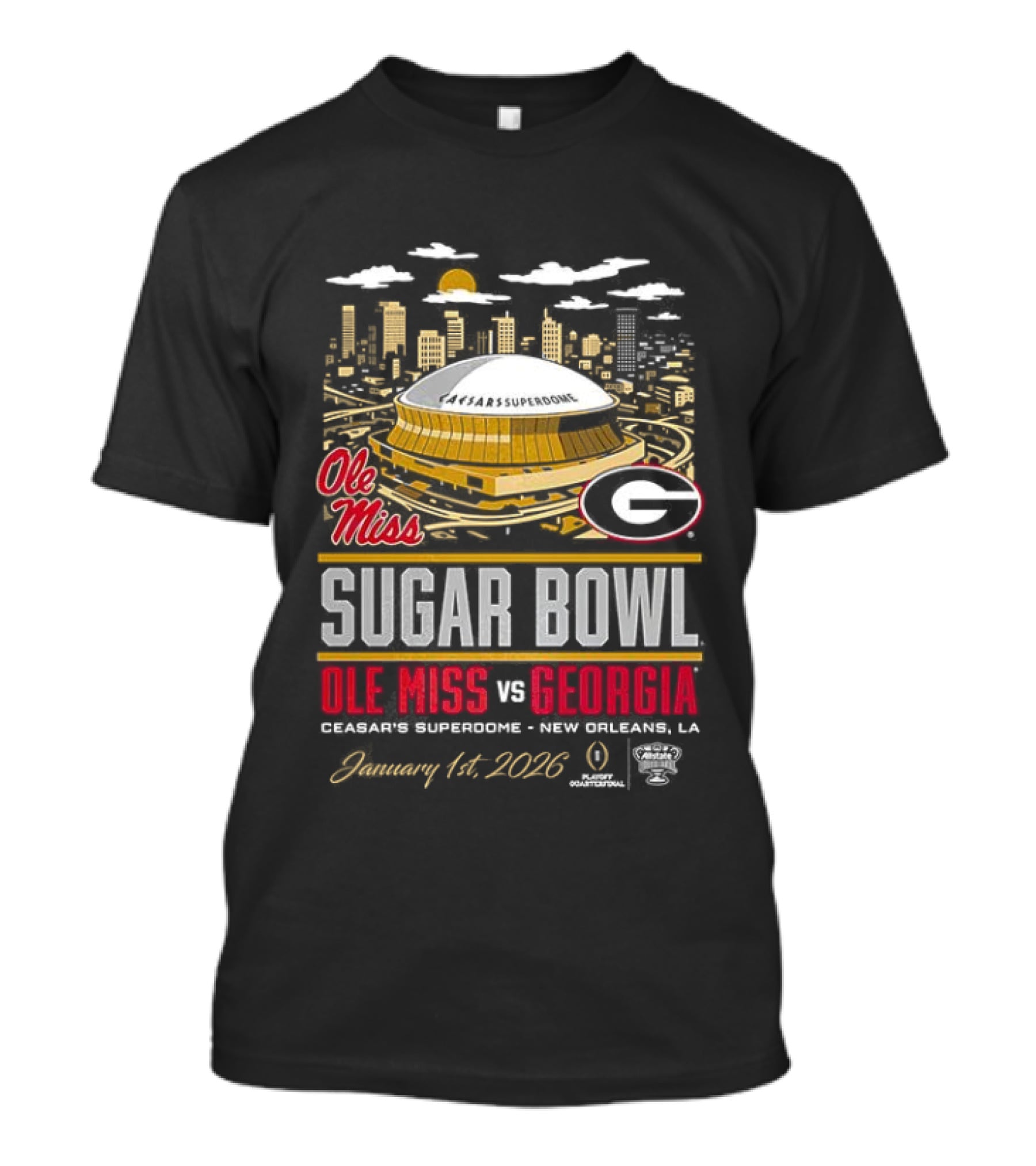 Ole Miss Rebels Vs Georgia Bulldogs NCAA CFP Sugar Bowl 2026 Caesars Superdome January 1 New Orleans T-Shirt